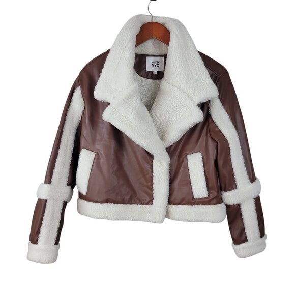 Madden NYC Faux Leather Shearling Large Moto Bomber Jacket Coat Crop Aviator - Picture 1 of 7